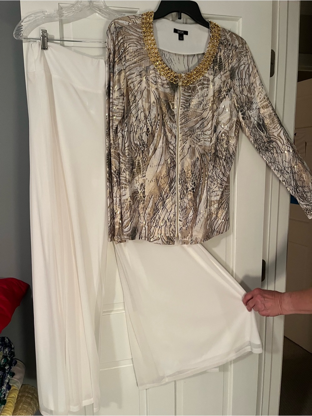 Embellished Neck Metallic Print Top with White Flowy Pant Set
